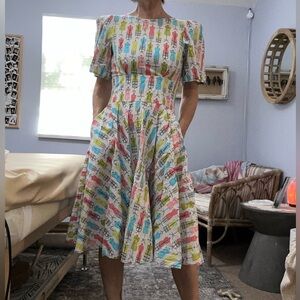 OOAk handmade cotton fit & flare vintage pattern modern fabric dress w/ pockets